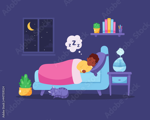 Little black boy sleeping in bedroom with air humidifier. Healthy sleep. Vector illustration