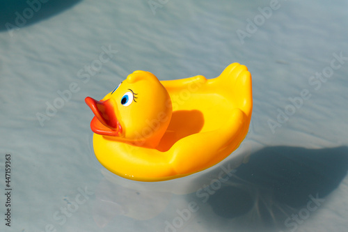 Żółta gumowa kaczka w basenie na wodzie. photo