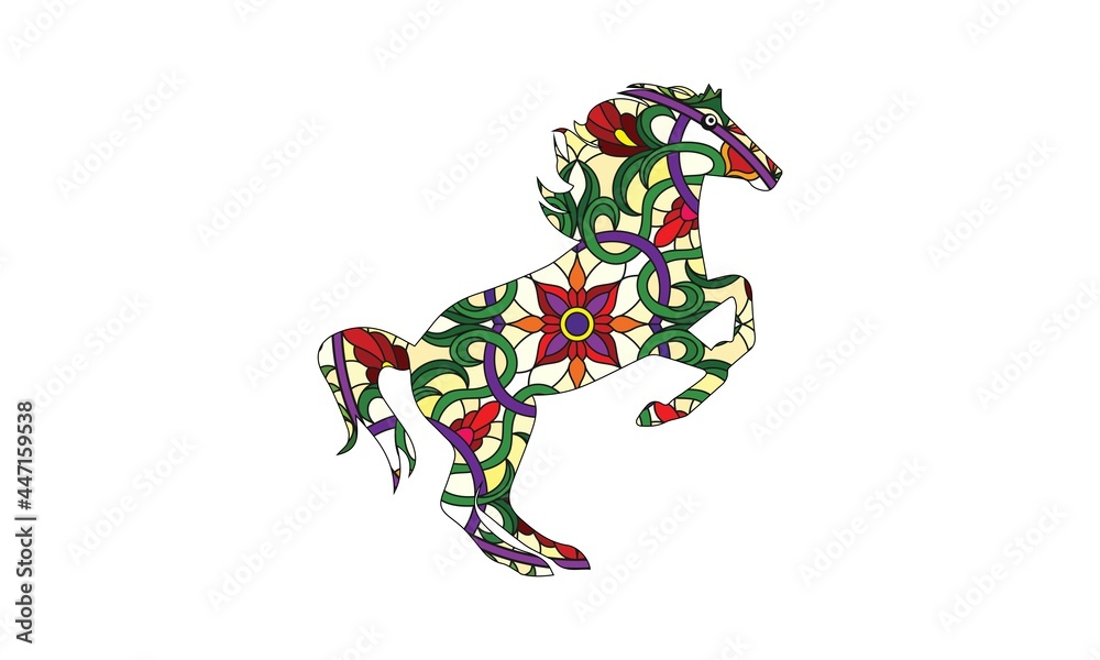 Coloring page of mustang horse. Colorless and color samples for adult