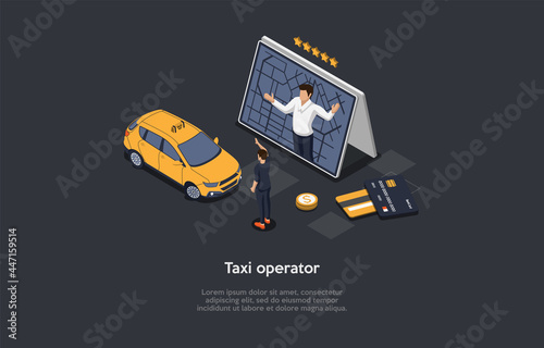 Composition On Dark Background With Infographics. Isometric Vector Illustration, Cartoon 3D Style Objects. Taxi Organization Service Operator. Online Support Representative, Customer, Automobile Near.