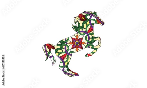 Coloring page of mustang horse. Colorless and color samples for adult antistress coloring book cover.
