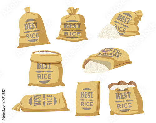 Cartoon Set of Sacks with Best Rice Typography. Textile Bags with Farm Production in Brown Bales, Closed and Open Sacks