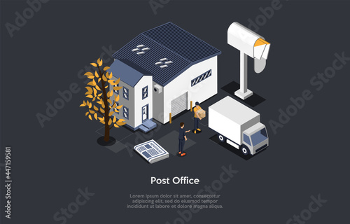 Post Office Building, Mailing And Product Transportation Service Concept. House, Lorry, Worker With Cardboard Box And Customer Standing. Vector Illustration. Cartoon 3D Style. Isometric Composition.