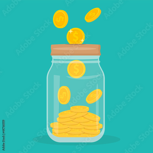 Glass money jar full of gold coins. Saving dollar coin in moneybox. Vector illustration. Web banner