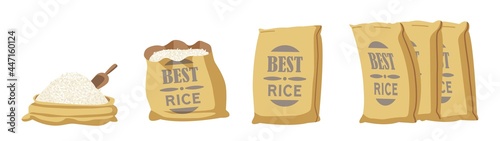 Best Rice Burlap Bags, Open Sacks with Farm Production Grains and Scoop in Brown Textile Bales. Closed Sacks with Print