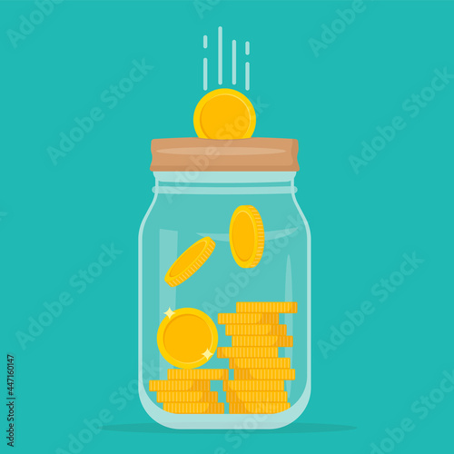 Glass money jar full of gold coins. Symbol of wealth. Business success. Vector illustration. Web banner.