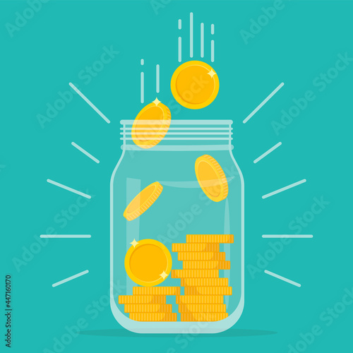 Glass money jar full of gold coins. Symbol of wealth. Business success. Vector illustration. Web banner.