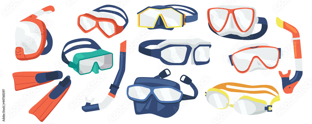 Set of Diving Equipment Snorkeling Masks, Scuba Diver Tools of Different Design. Underwater Glasses, Mouthpiece Tubes