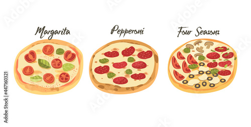 Fast Food Icons. Pizza with Mushroom, Tomato and Cheese, Pepperoni, Margarita and Four Seasons Street Junk Meal or Snack