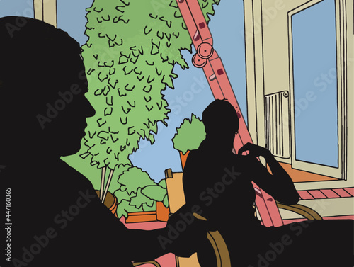 Paar auf Terrasse, Silhouette, Illustration