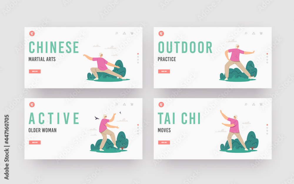 Tai Chi Landing Page Template Set. Elderly Woman Exercise for Health, Flexibility and Wellness. Senior Character Workout