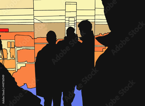 Personen vor Spiegelsäulen, Silhouetten, Illustration