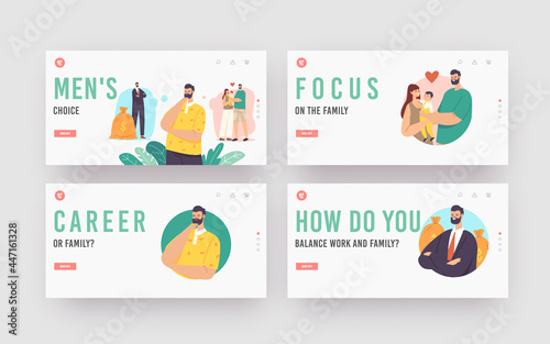 Men Choice Landing Page Template Set. Character Choose between Career and Family. Man Think about Life Priority Balance