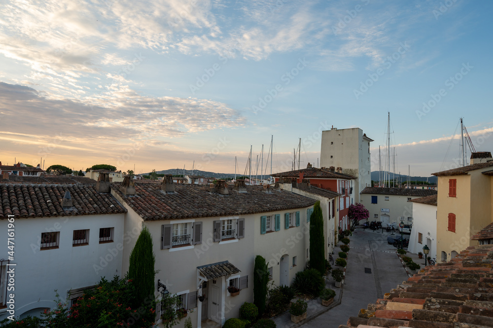 View on small houses and sailboats in Port Grimaud, French Riviera, Provence, France