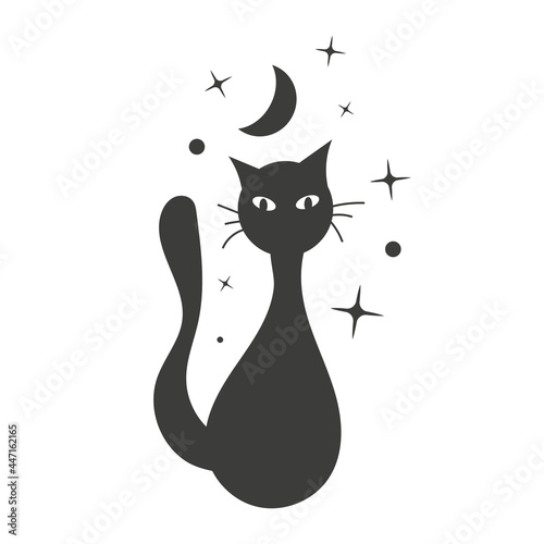 Wallpaper Mural The silhouette of a mystical black cat with the moon and stars, isolated on white background. Vector illustration Torontodigital.ca