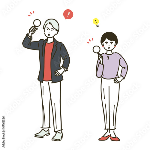 ひらめくイメージの2人のビジネスパーソンの全身イラスト素材