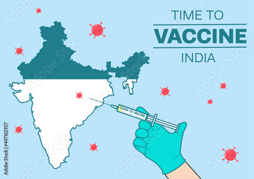 India country map with covid-19 vaccine syringe, a hand with covid-19 vaccine injection, India map with coronavirus disease