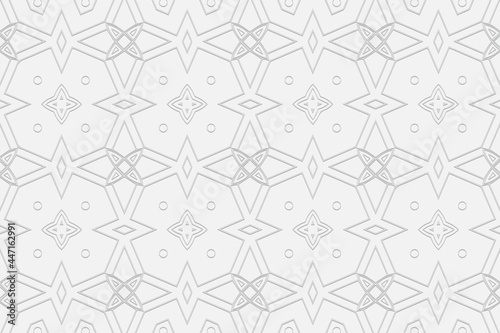 3d volumetric convex embossed geometric white background. Ethnic minimalist oriental, asian, indian pattern with handmade abstract elements. Doodling technique.