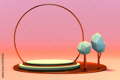 3d autumn scene with geometric composition empty podium and low poly trees for product presentation, abstract background. Mockup shape in autumn colors. Minimal design
