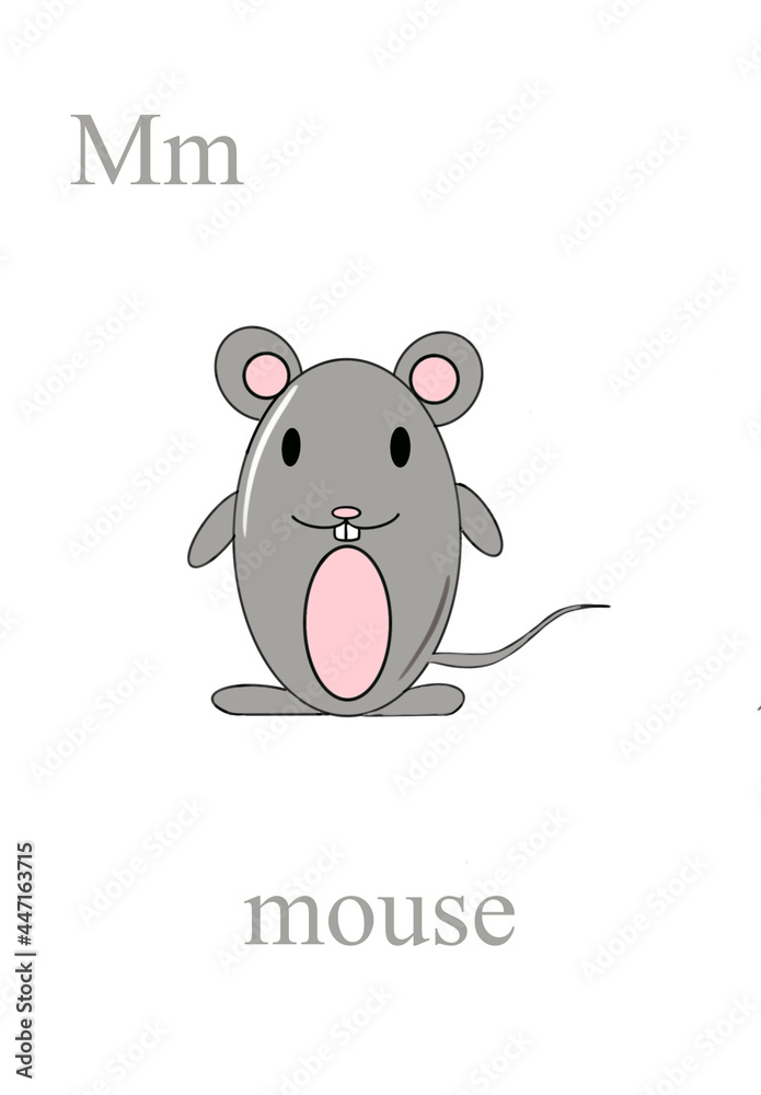 Fototapeta premium The alphabet, the letter M. A smiling mouse of gray color on a white isolated background