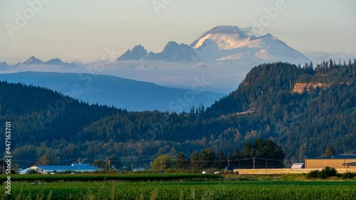 Hyperlapse of Mount Baker Going from Afternoon through Sunset with Cars Driving Through Below photo