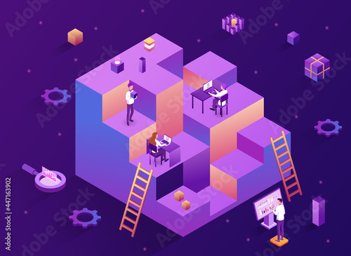 Pattern page template with tiny scientists or researchers and giant cubes. Data Science Concept, statistical information research. Isometric flat cartoon vector illustration for web page