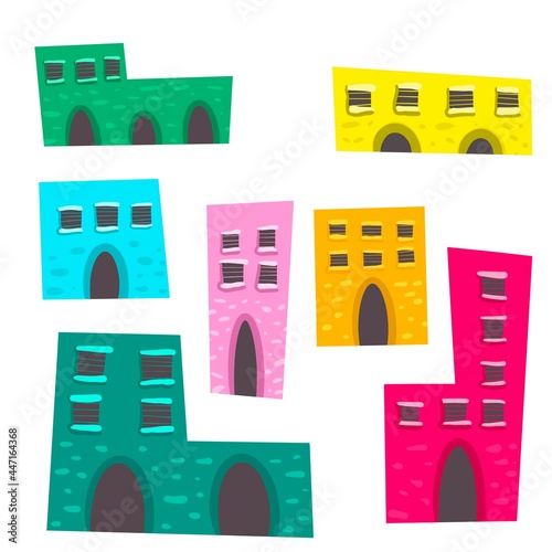 Illustration of seven colorful houses