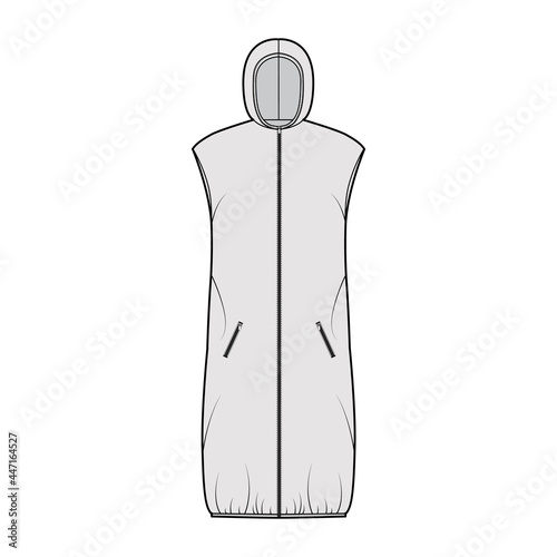 Down vest puffer waistcoat technical fashion illustration with sleeveless, hoody collar, pockets, loose fit, knee length. Flat template front, grey color style. Women, men, unisex top CAD mockup