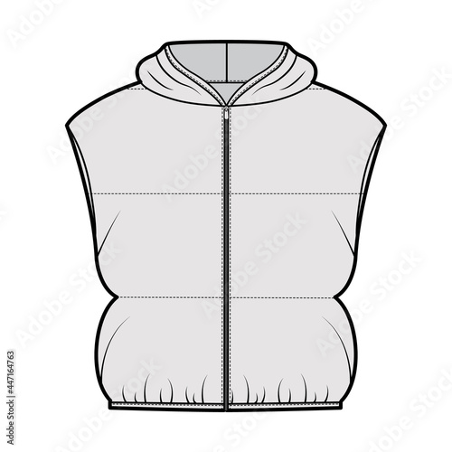 Hooded Down vest puffer waistcoat technical fashion illustration with zip-up closure, loose fit, crop length, wide quilting. Flat template front, grey color style. Women, men, unisex top CAD mockup