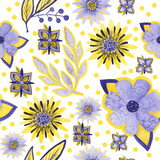 Floral seamless pattern of yellow-purple on a white background