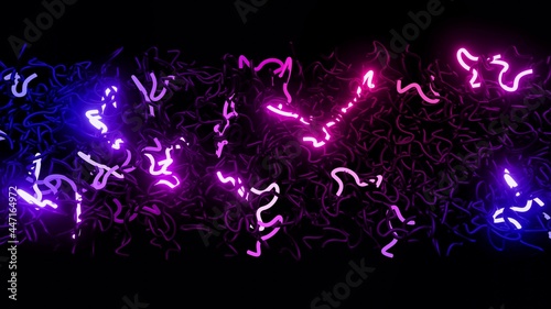 3d render. 3d abstract background with neon light, multicolored flashes of light bulbs of unusual shapes. Curved lines flash bright. Motion design bg. blue red gradient