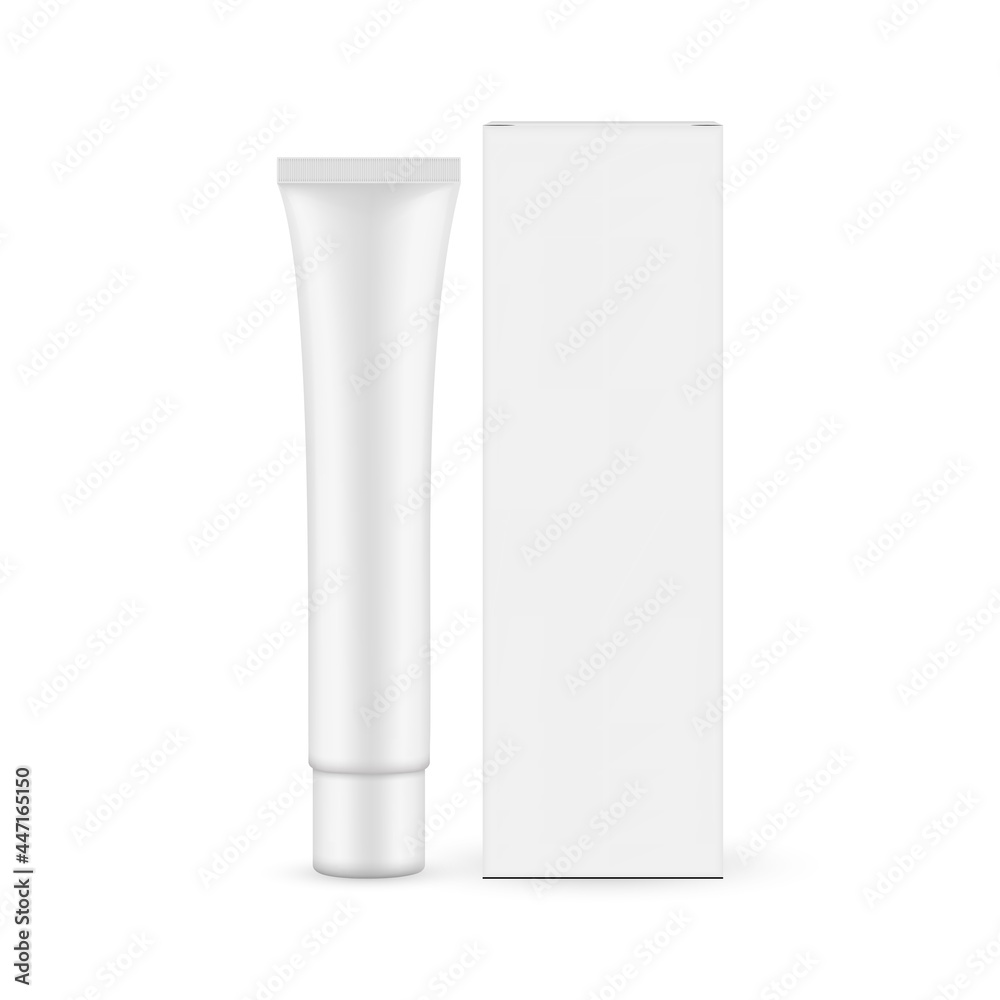 Small Plastic Cosmetic Tube with Box Mockup, Front View, Isolated on White Background. Vector Illustration