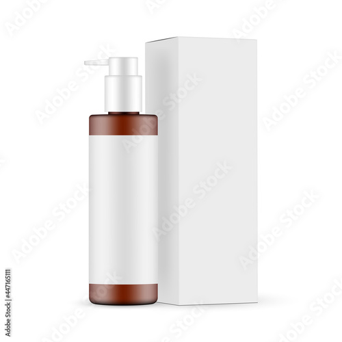 Amber Pump Bottle Mockup with Box Side View, Isolated on White Background. Vector illustration