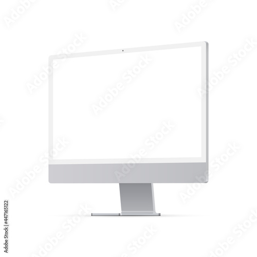 Computer Monitor Silver Mockup with Blank Screen, Perspective Side View, Isolated on White Background. Vector Illustration