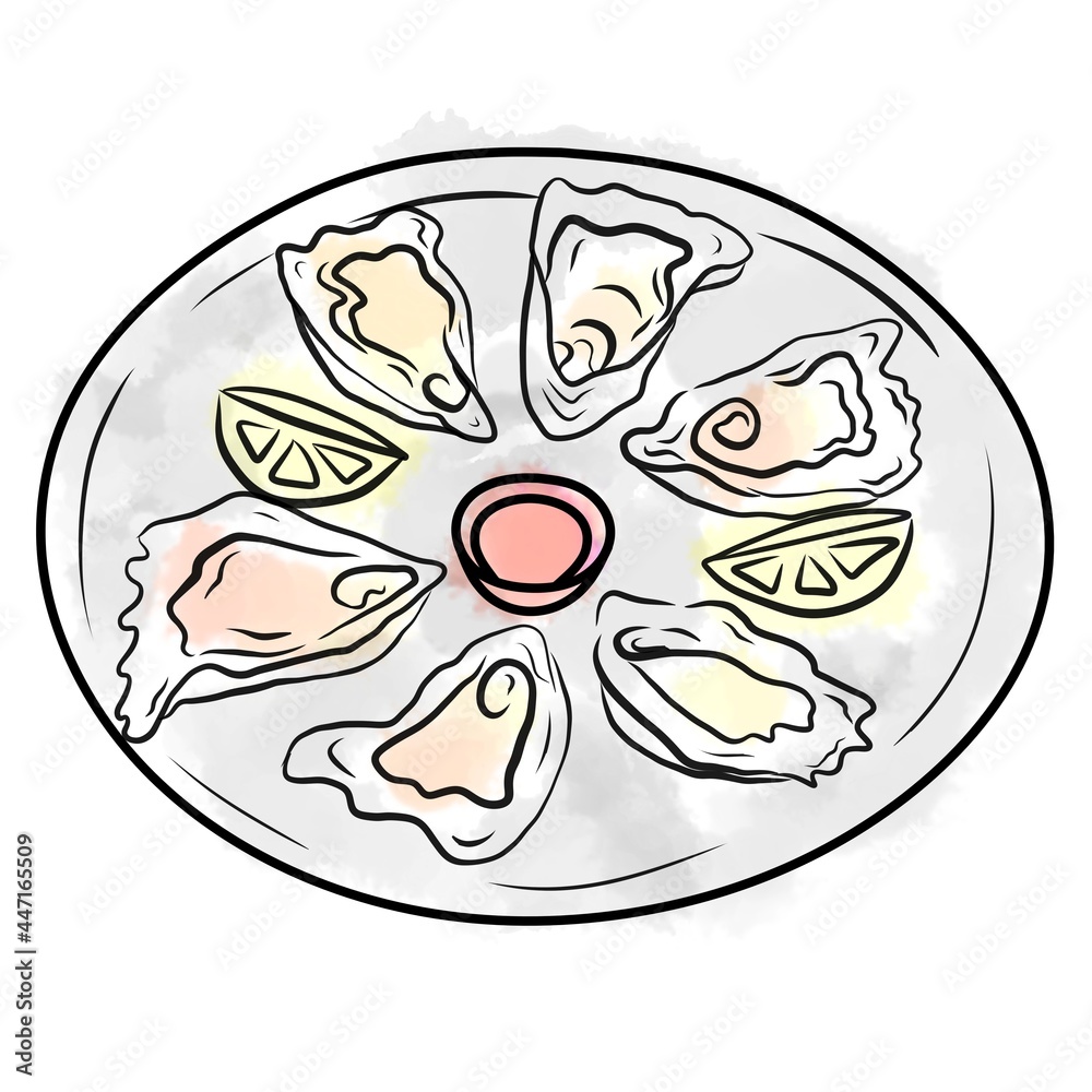 Oyster dish on a plate with lemon and sauce. For a seafood restaurant