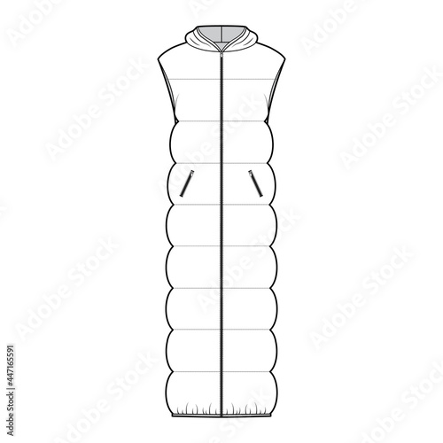 Down vest puffer waistcoat technical fashion illustration with sleeveless, hoody collar, zip-up closure, maxi length, wide quilting. Flat template front, white color. Women, men, unisex top CAD mockup