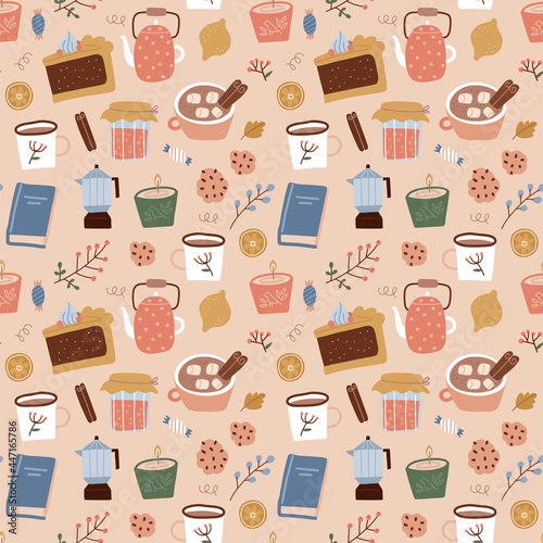 Seamless pattern of coffee, geyser coffee maker, sweeties, candles and plants on biege background. fall design of wrapping paper, wallpaper, textile design. Flat hand drawn repeating illustration.