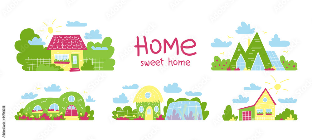 Vector set with illustrations of different houses. Elements for children's illustration. Isolated vector illustration.