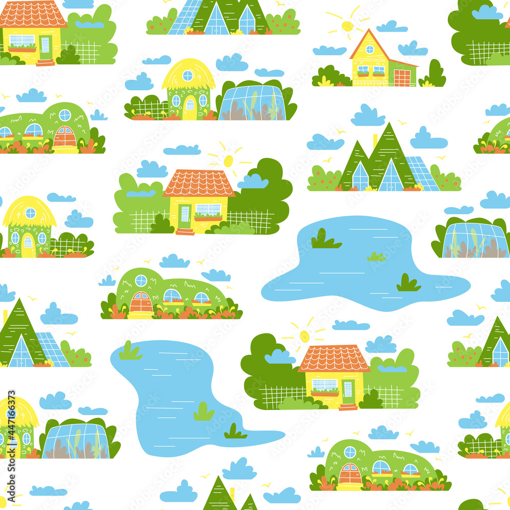 Obraz premium Children's seamless pattern with cute houses. Countryside and houses. Nature. Background for textiles, children's area
