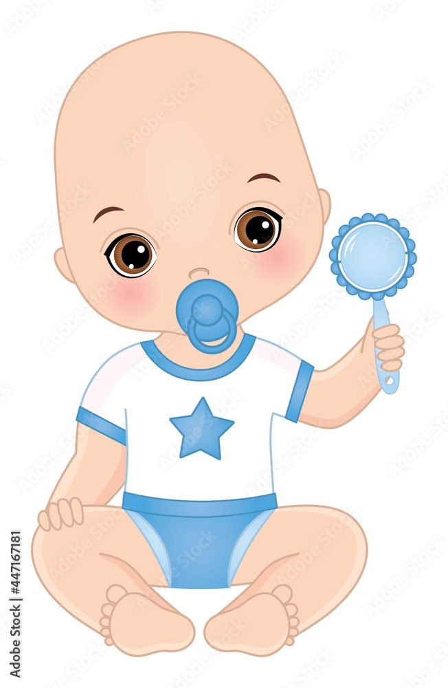 Vector Cute Baby Boy with Rattle and Pacifier Vector Cute Baby Boy with Rattle and Pacifier