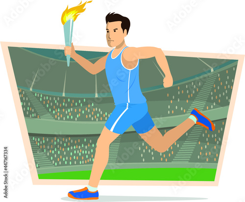 Vector illustration with a young man runing and carry a Olympic torch over a stadium background.
