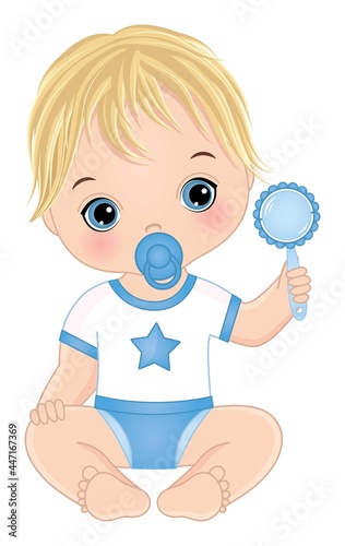 Vector Cute Baby Baby Boy with Blond Hair and Blue Eyes Holding Rattle