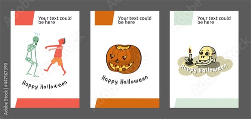 Halloween posters set. Vector illustration. Skeleton and zombies. Pumpkin with a smile, jack lamp. Skull and candle with dripping wax. Horror nightmares. Club party. Place for your text.