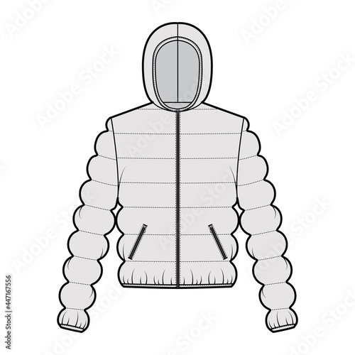Hooded jacket Down puffer coat technical fashion illustration with zip-up closure, pockets, oversized, classic quilting. Flat template front, grey color style. Women, men, unisex top CAD mockup