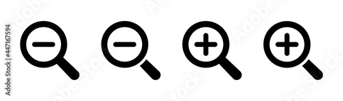 Zoom icons. Zoom in and zoom out. Magnifying glass icons with plus and minus symbols. Flat style vector UI icons, buttons or symbols. 