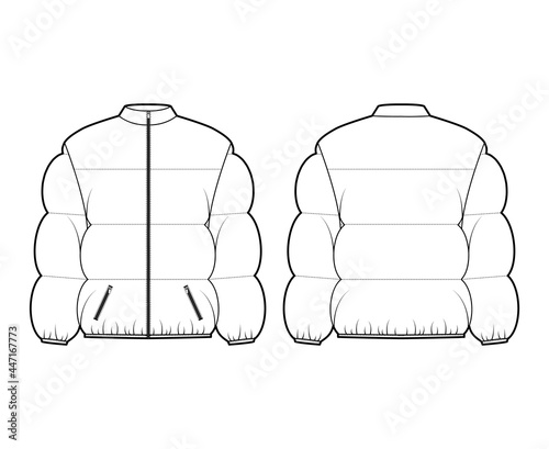 Down puffer coat jacket technical fashion illustration with stand collar, zip-up closure, boxy fit, hip length, wide quilting. Flat template front, back, white color. Women, men, unisex top CAD mockup