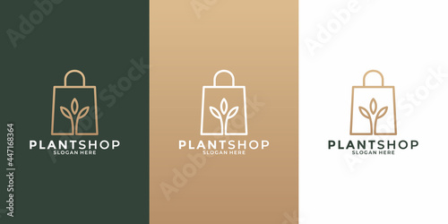 plant shop logo design template with golden color for your business