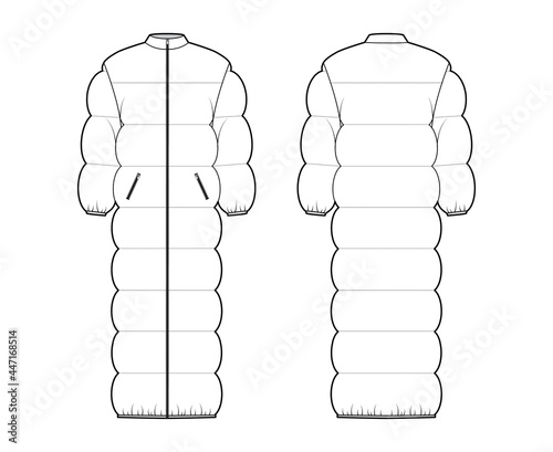 Puffer quilted shell down coat jacket technical fashion illustration with long sleeves, stand collar, maxi length, zip-up closure, pockets. Flat template front, back, white color. Women men CAD mockup