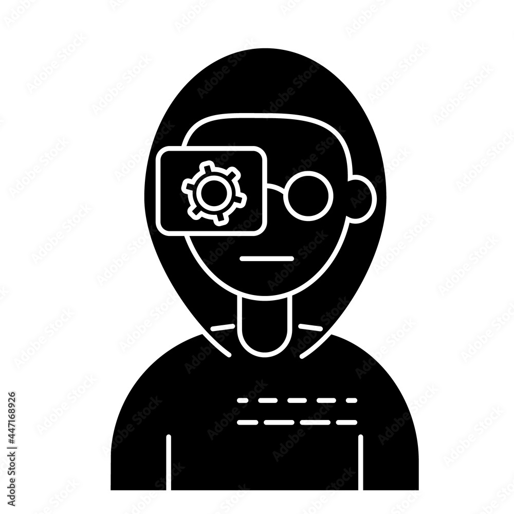 Cyberpunk human with camera eye glyph icon. Bio-robot gadgets. Science fiction, game, confrontation Cyberpunk human with camera eye glyph icon. Bio-robot gadgets. Science fiction, game, confrontation