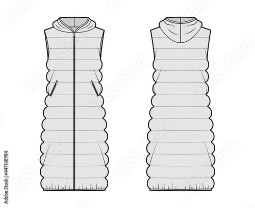 Hooded Down vest puffer waistcoat technical fashion illustration with sleeveless, zip-up closure, oversized, midi length, classic quilting. Flat template front, back, grey color. Women, men CAD mockup